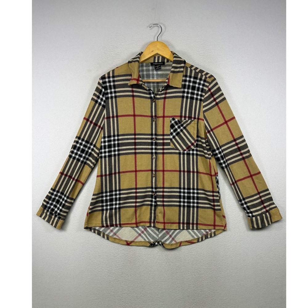 Preppy Robert Louis Womens Med Tan Plaid Button Down Stretch Shirt Long Sleeve‎